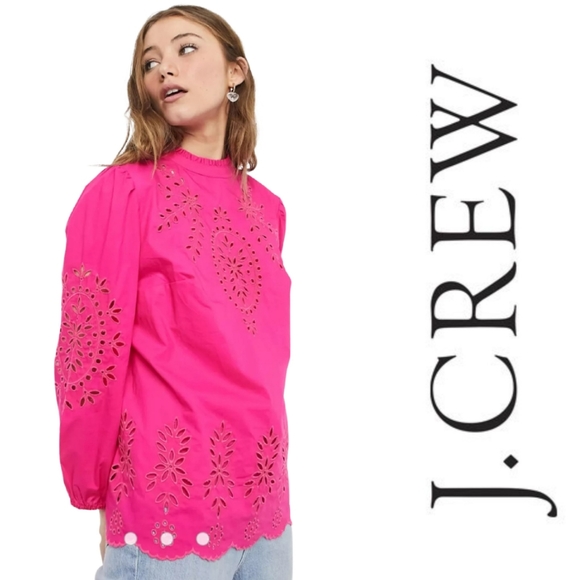 J. Crew Tops - J.Crew Mock Neck Embroidered Eyelet Cotton Poplin Top In Fuschia Blossom